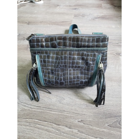 Brighton Leather Purse Crossbody Blue Patent Embossed Crocodile Bag Charm Tassel - Picture 4 of 13